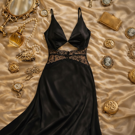 Black Satin Maxi with Lace Uzun Elbise