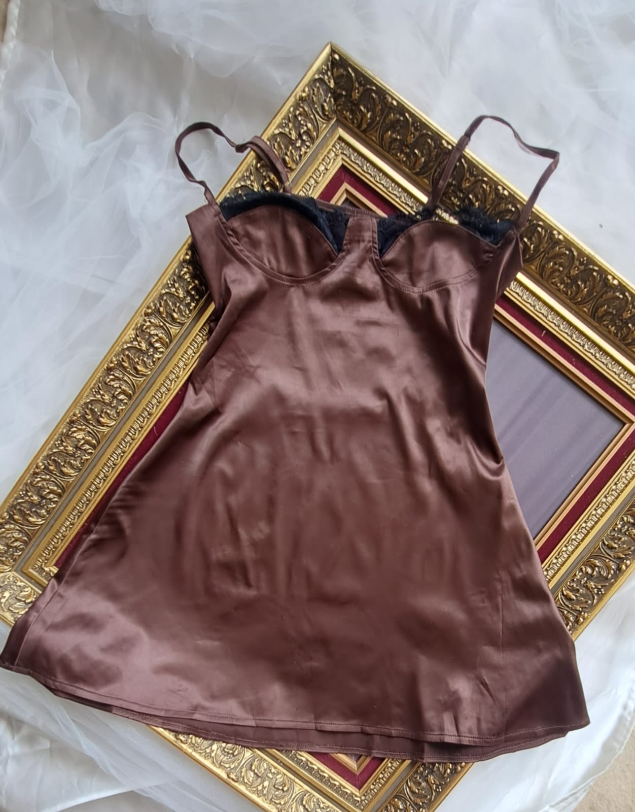 Coffee Brown Saten Elbise