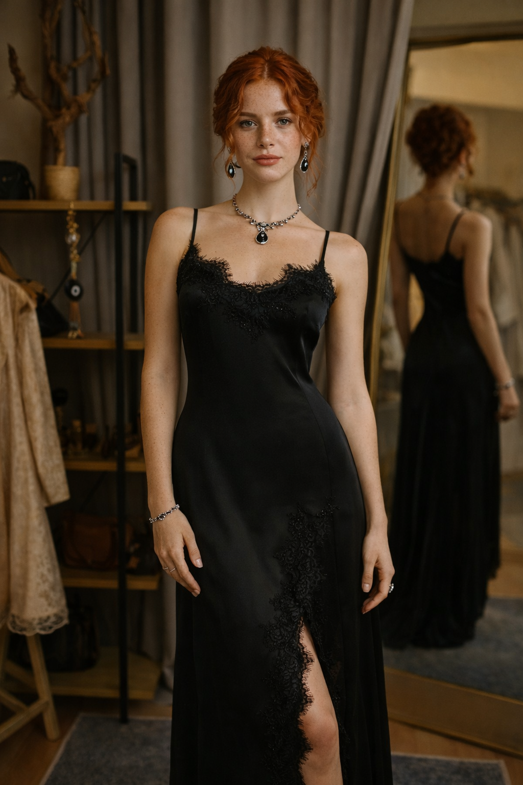 Nocturne Noir – Dantel Detaylı Saten Elbise