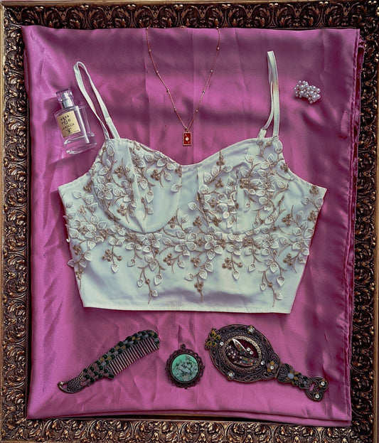 Nakış Vintage Beyaz Büstiyer