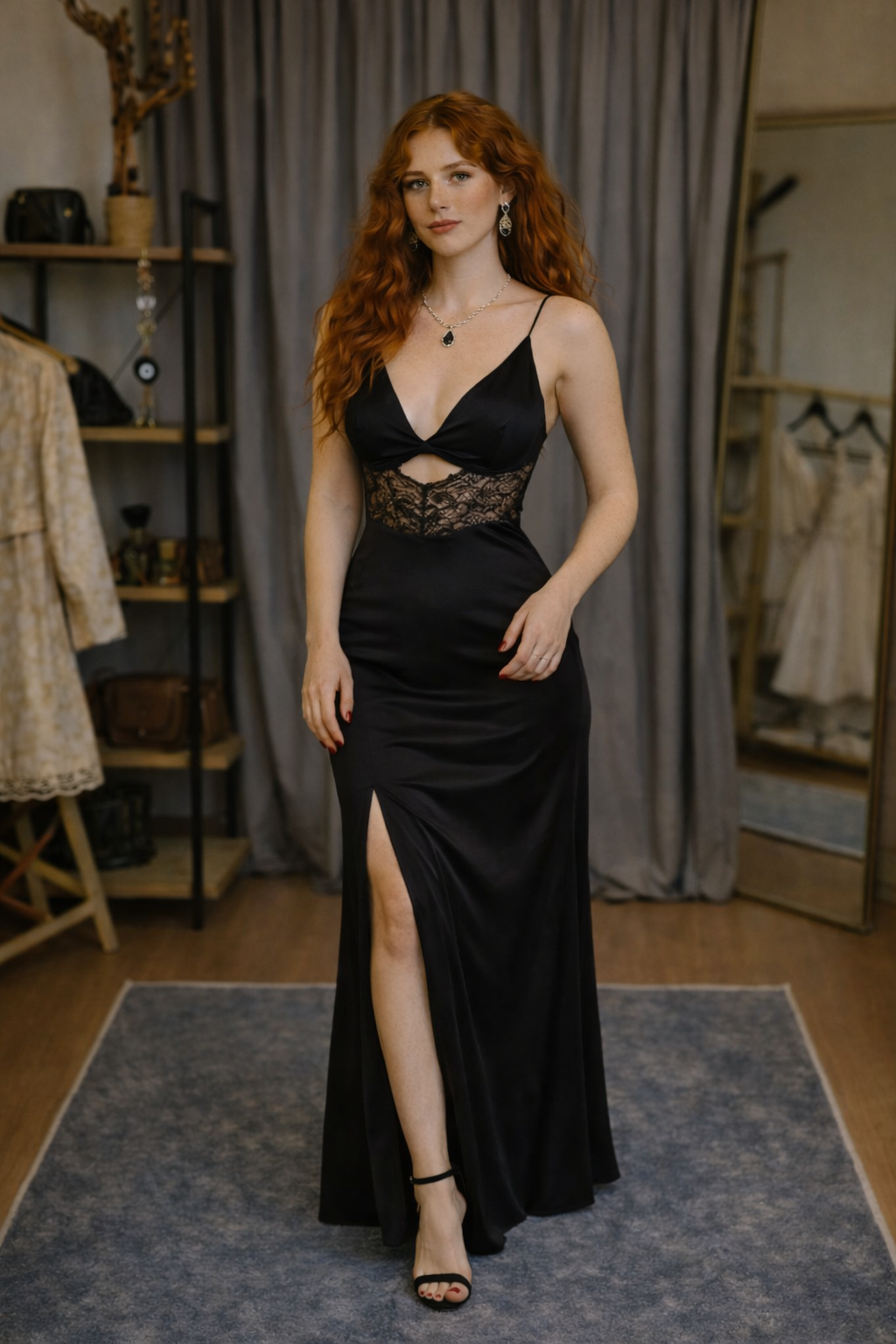 Black Satin Maxi with Lace Uzun Elbise