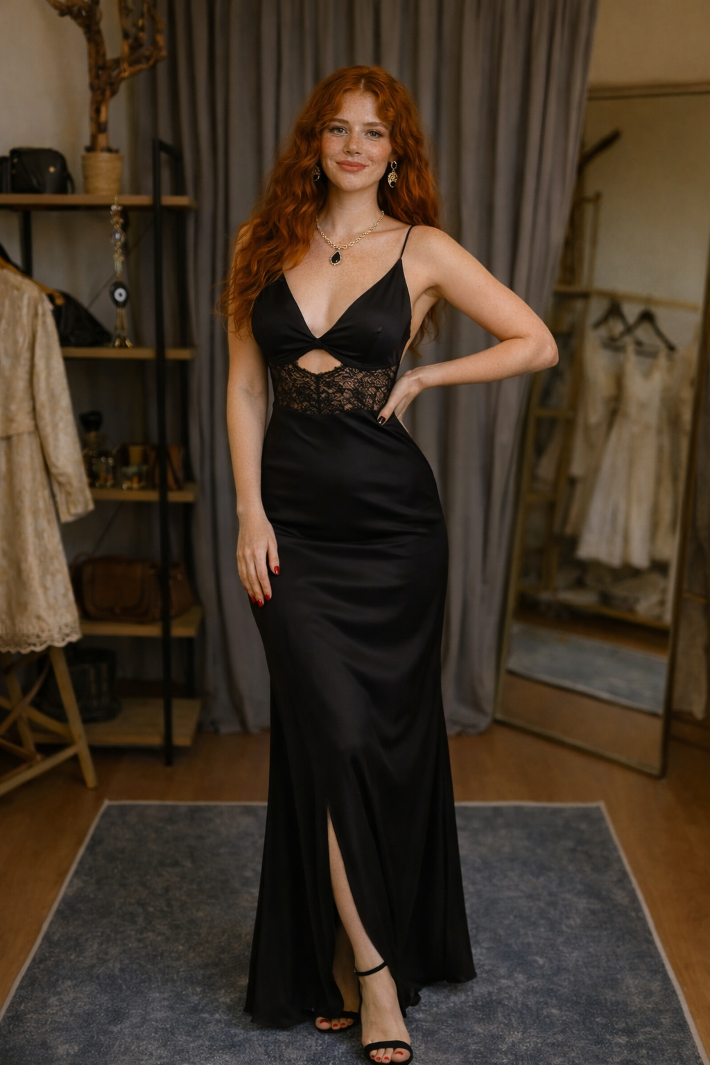 Black Satin Maxi with Lace Uzun Elbise
