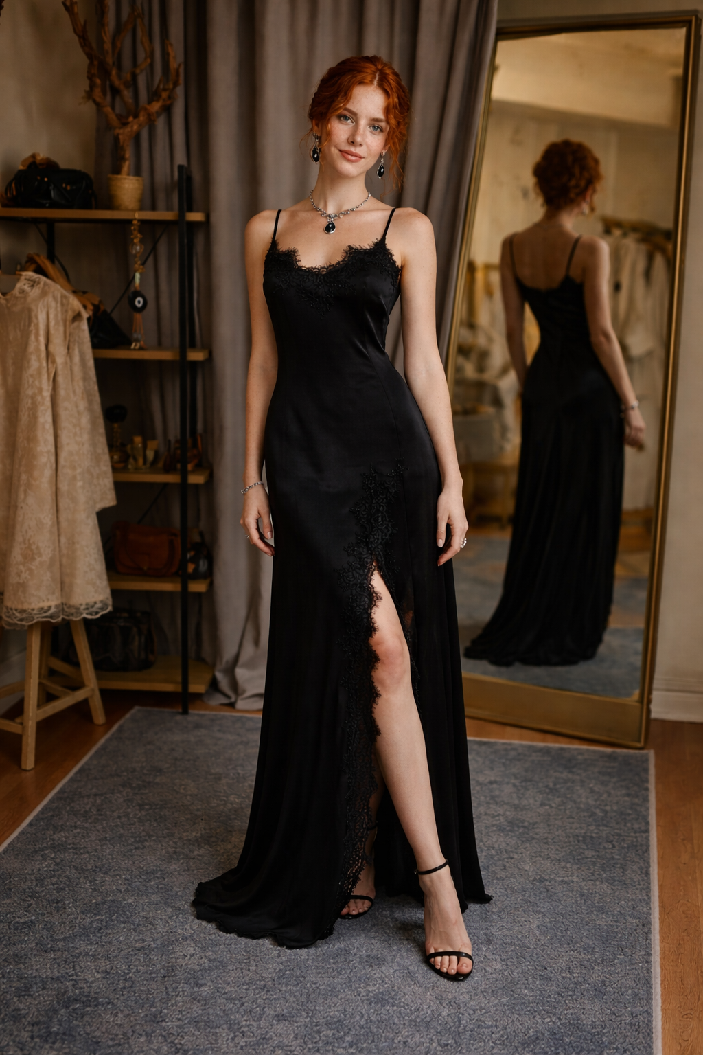 Nocturne Noir – Dantel Detaylı Saten Elbise