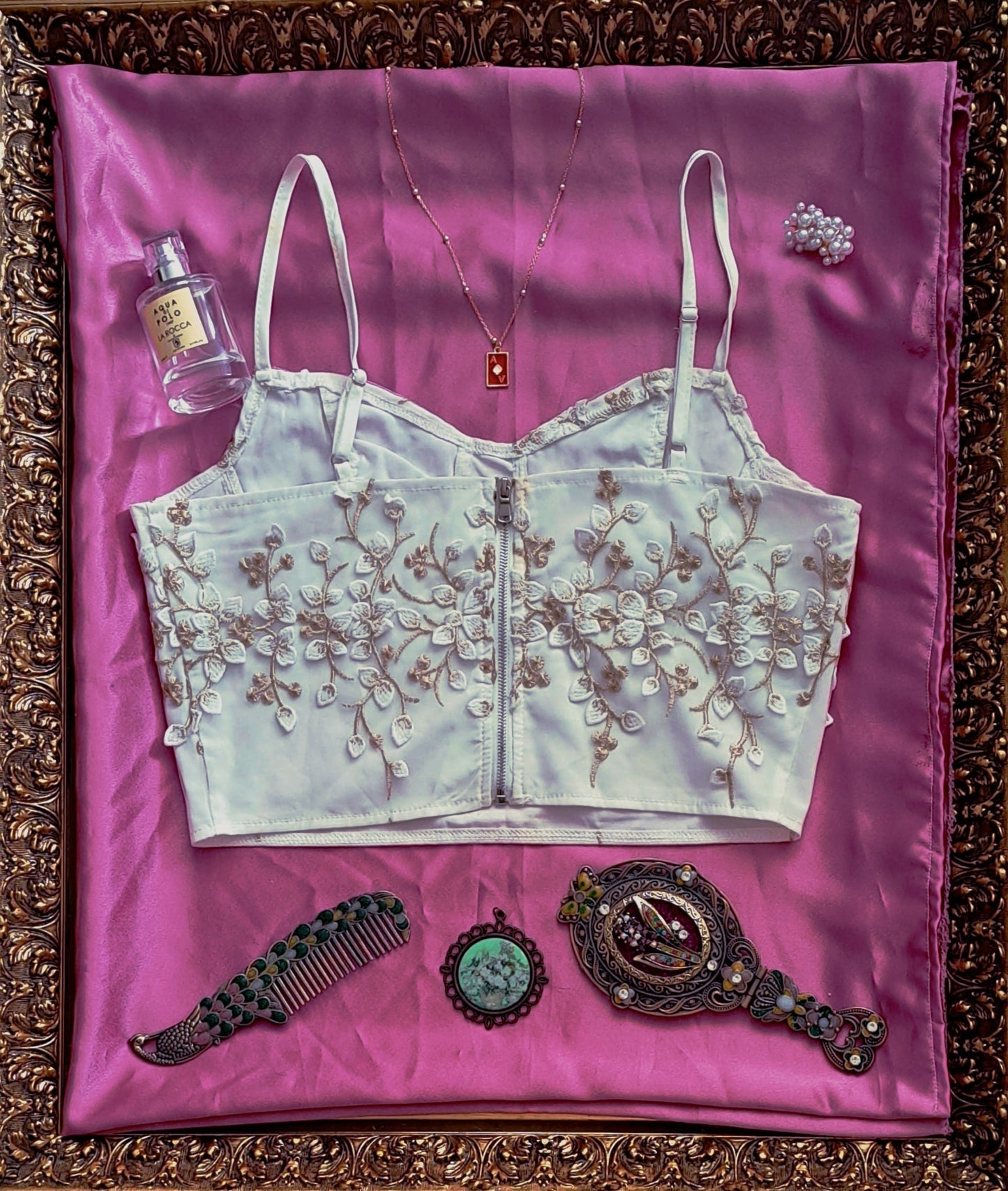 Nakış Vintage Beyaz Büstiyer