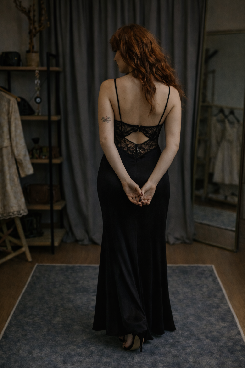 Black Satin Maxi with Lace Uzun Elbise
